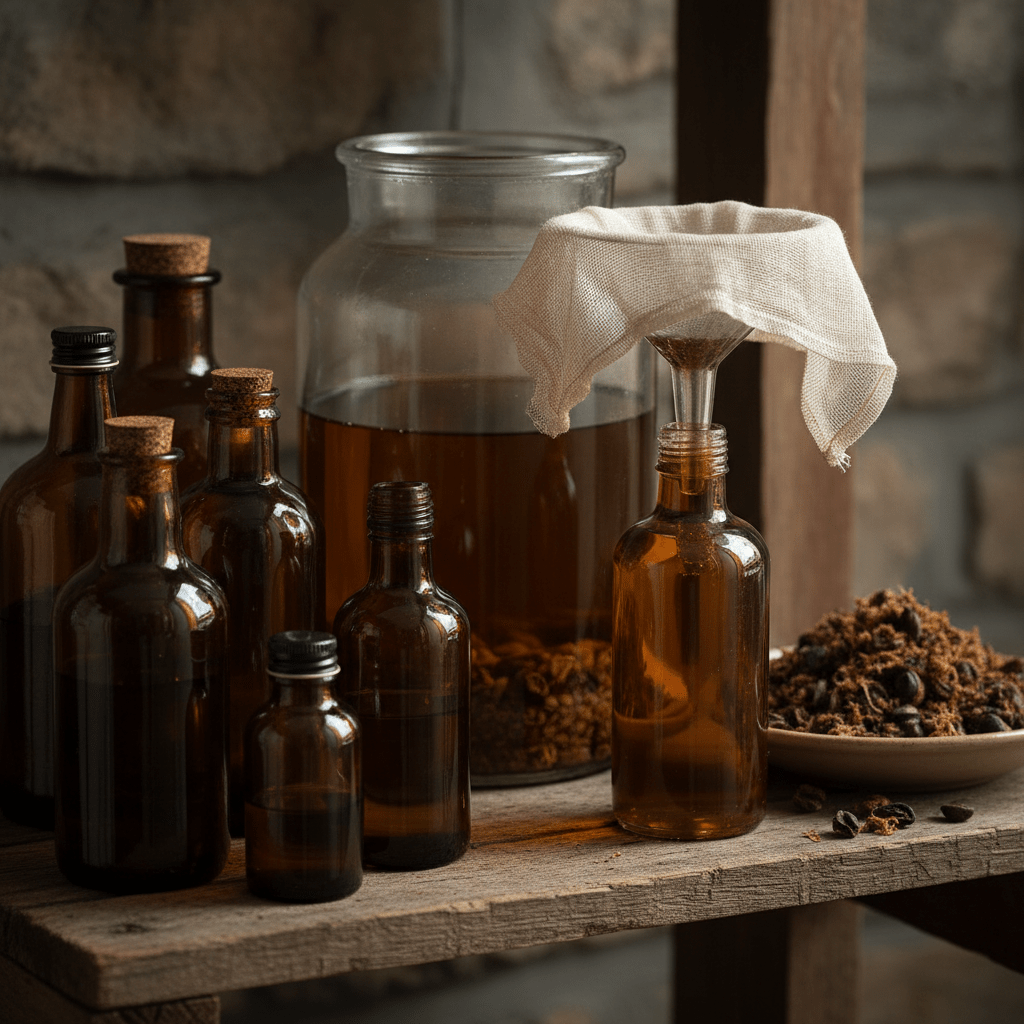 Dark glass bottles of filtered homemade amla seed oil on a wooden shelf