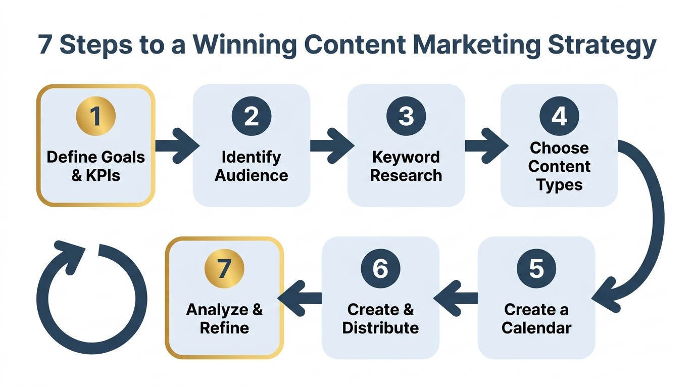 Seven-step snake flowchart showing the content marketing strategy process from Define Goals through Analyze and Refine with a feedback loop arrow — The Zulu Method