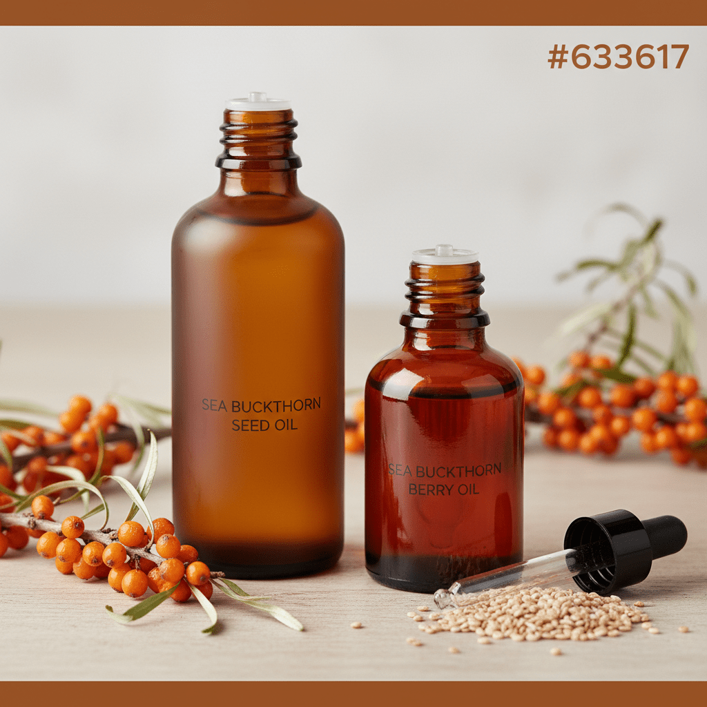 Side-by-side presentation of sea buckthorn seed oil and berry oil in dark glass bottles