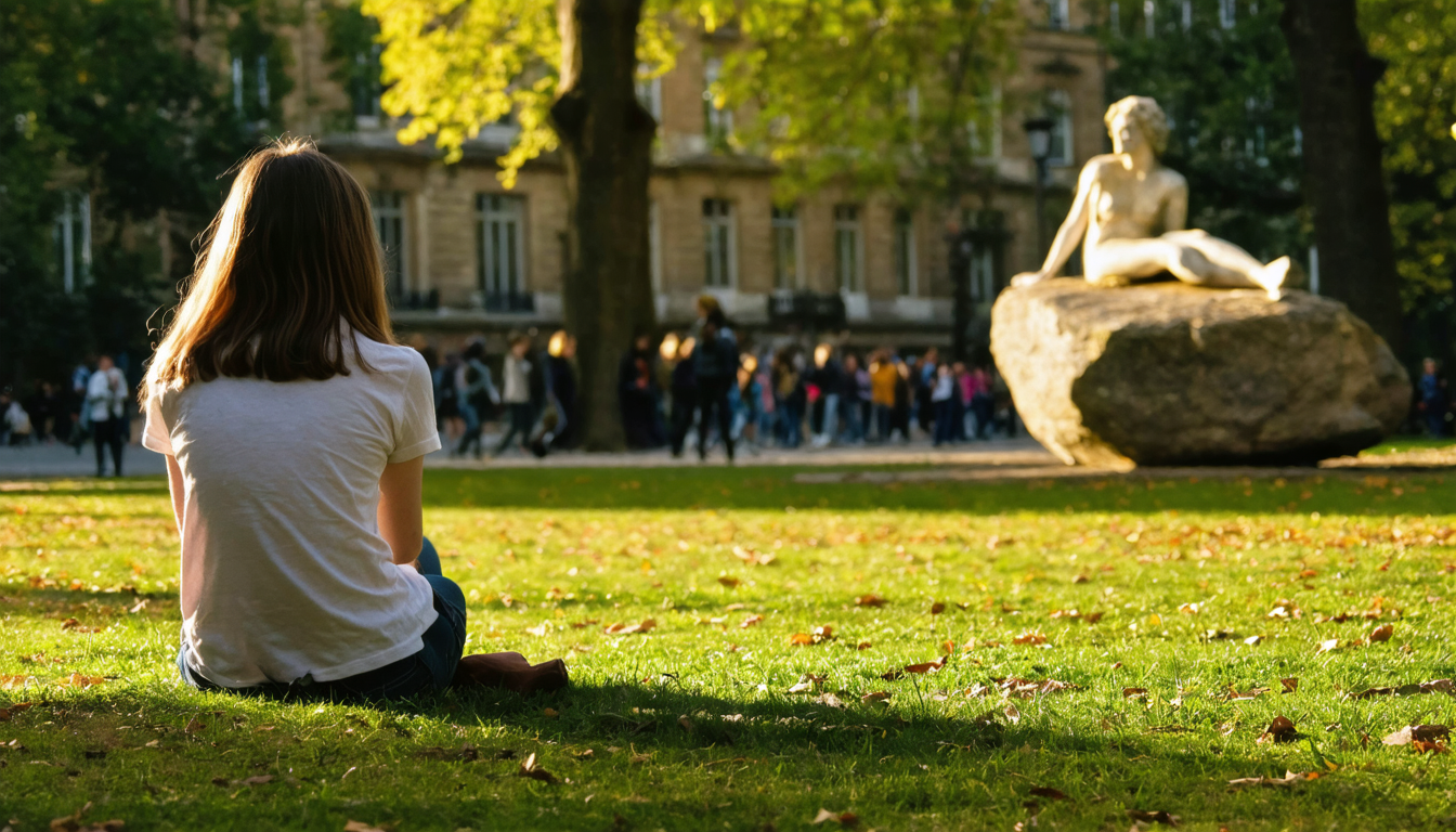 A solitary figure seated on grass in a city park, seen from behind, observing a group of teenagers posing near a stone statue in evening light.