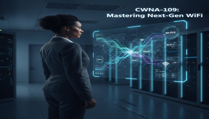CWNA-109: Mastering Next-Gen Wi-Fi A CWNA wireless administrator interacts with a holographic display showing complex Wi-Fi 6, 6E, and 7 network signals, symbolizing the CWNA-109 exam update and mastering next-generation wireless technology.