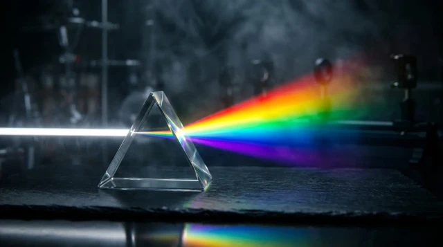 Glass prism splitting white light into vivid rainbow spectrum in dark laboratory