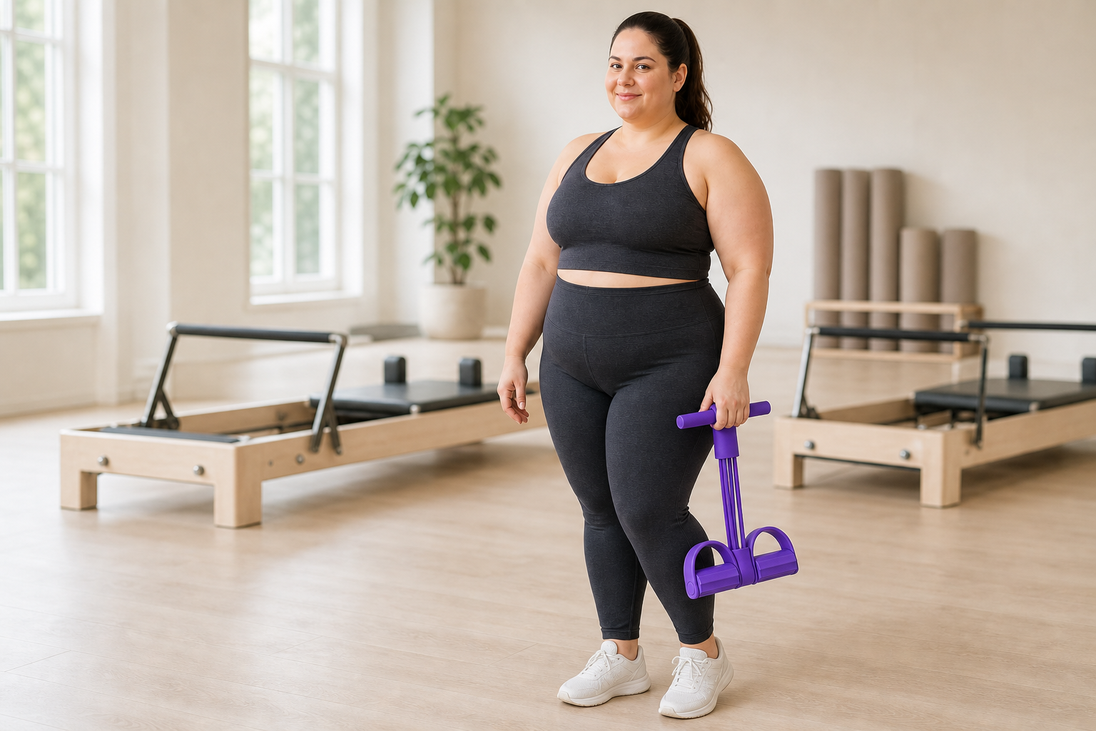 Femeie zâmbitoare ținând Senioro FlexCore într-o sală de Pilates