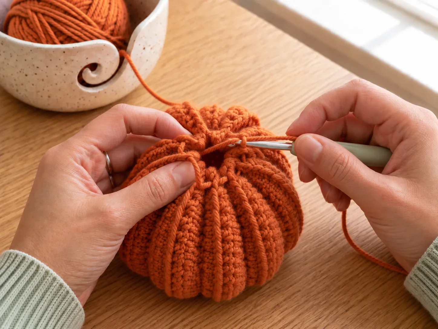 Gather the bottom — Thread yarn through one open edge and pull it tight to close the base.
