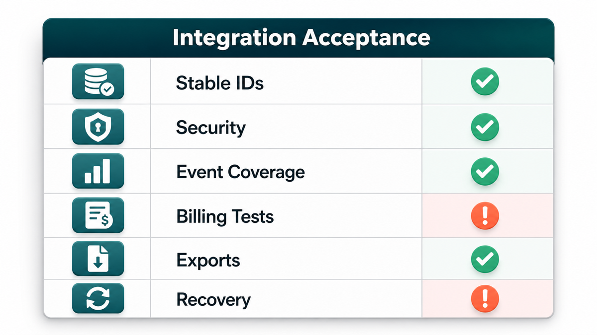 Technical acceptance matrix for IDs, security, event coverage, billing tests, exports, and recovery