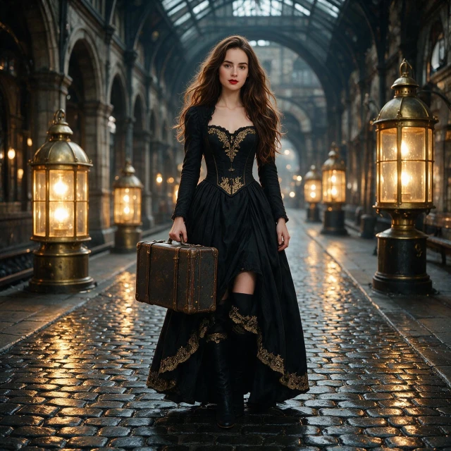 A girl with long flowing hair, wearing a black Victorian-style dress adorned with golden embroidery along the hem and bodice, revealing thigh-high boots with a similar gold trim, standing in a steampunk-style train station, holding a vintage suitcase, Victorian architecture with large glowing lanterns lining the path, cobblestone floor wet and reflecting the lights of the lanterns.