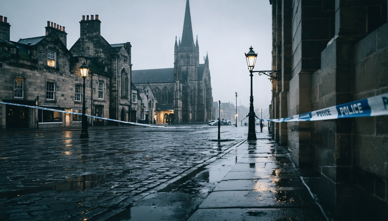 A quiet English cathedral town square at dusk, wet cobblestones, a single police cordon tape strung between lampposts, no people visible.