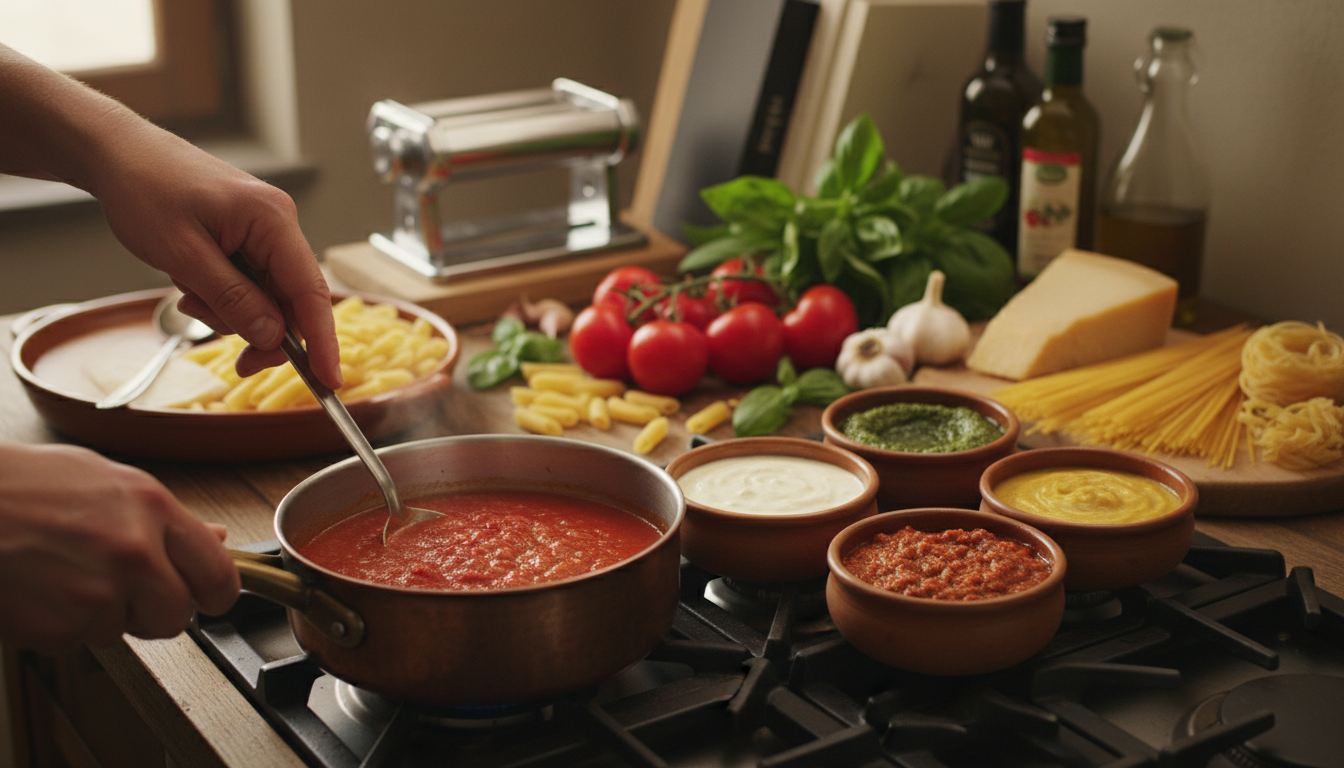 Cinco salsas italianas tradicionales para pasta con tomate, pesto, carbonara, ragù y queso