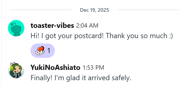 1 postcard sent (Oct, 25)
Exchange: https://www.reddit.com/r/RandomActsofCards/comments/1njkhaw/exchange_seeking_global_postcardcard_swaps_us_to/