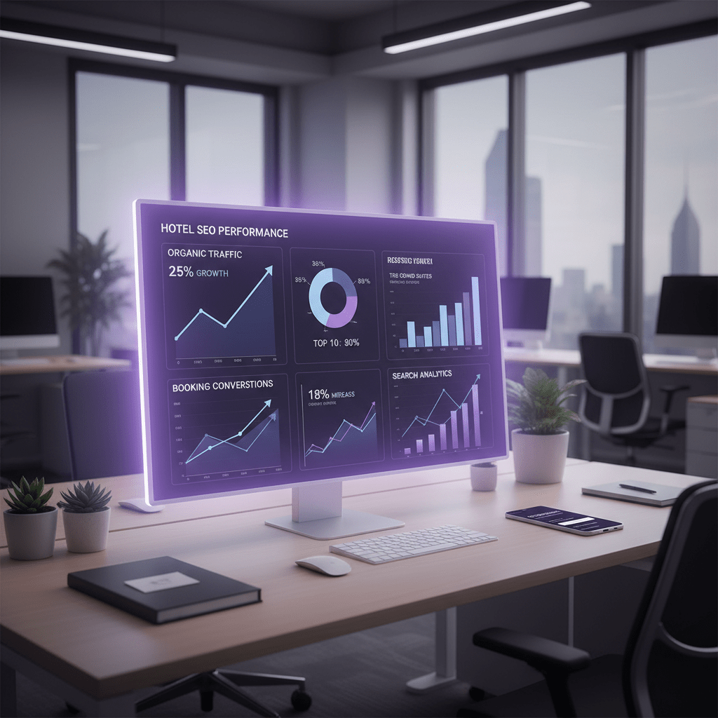 A hotel SEO performance dashboard beside a smartphone booking confirmation and search analytics graphs, modern office setting, measurable growth