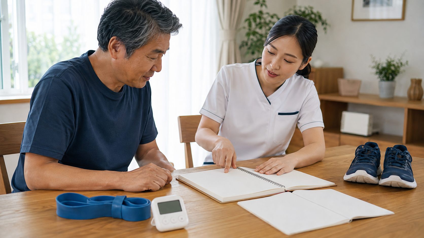 運動の頻度・強度・時間・種類と症状記録を専門職と確認する様子