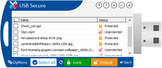 USB Secure interface showing protected portable drive security options