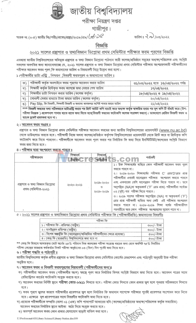 Diploma of librarian and Information Technology Science Form Fill-up Notice 2022