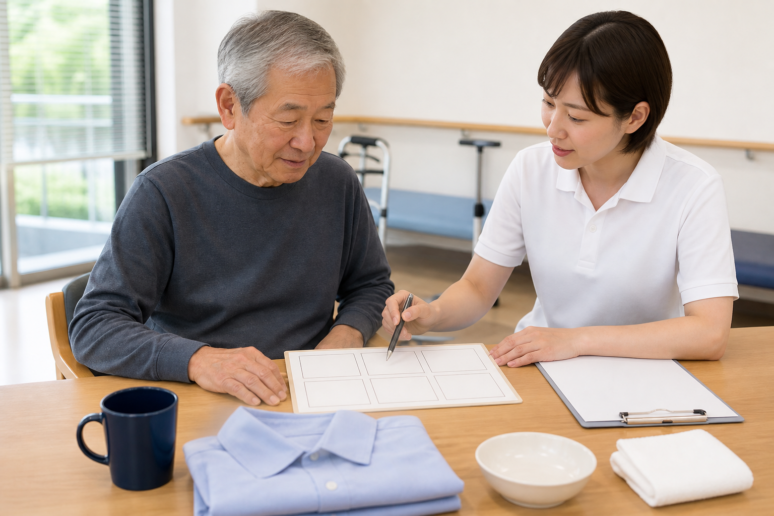 リハビリ専門職が生活動作の評価について脳卒中後の本人に説明する場面