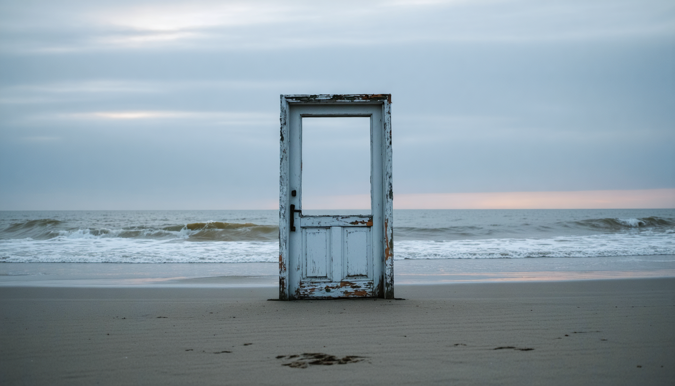 Weathered wooden door frame standing alone on an empty shoreline at dusk, waves lapping at its base, no wall on either side.
