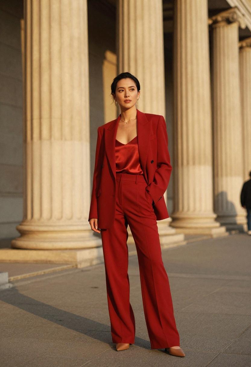 Scarlet red blazer with tailored ivory trousers against glowing columns at golden hour