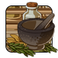 A mortar and a pestle, surrounded by herbs and spices