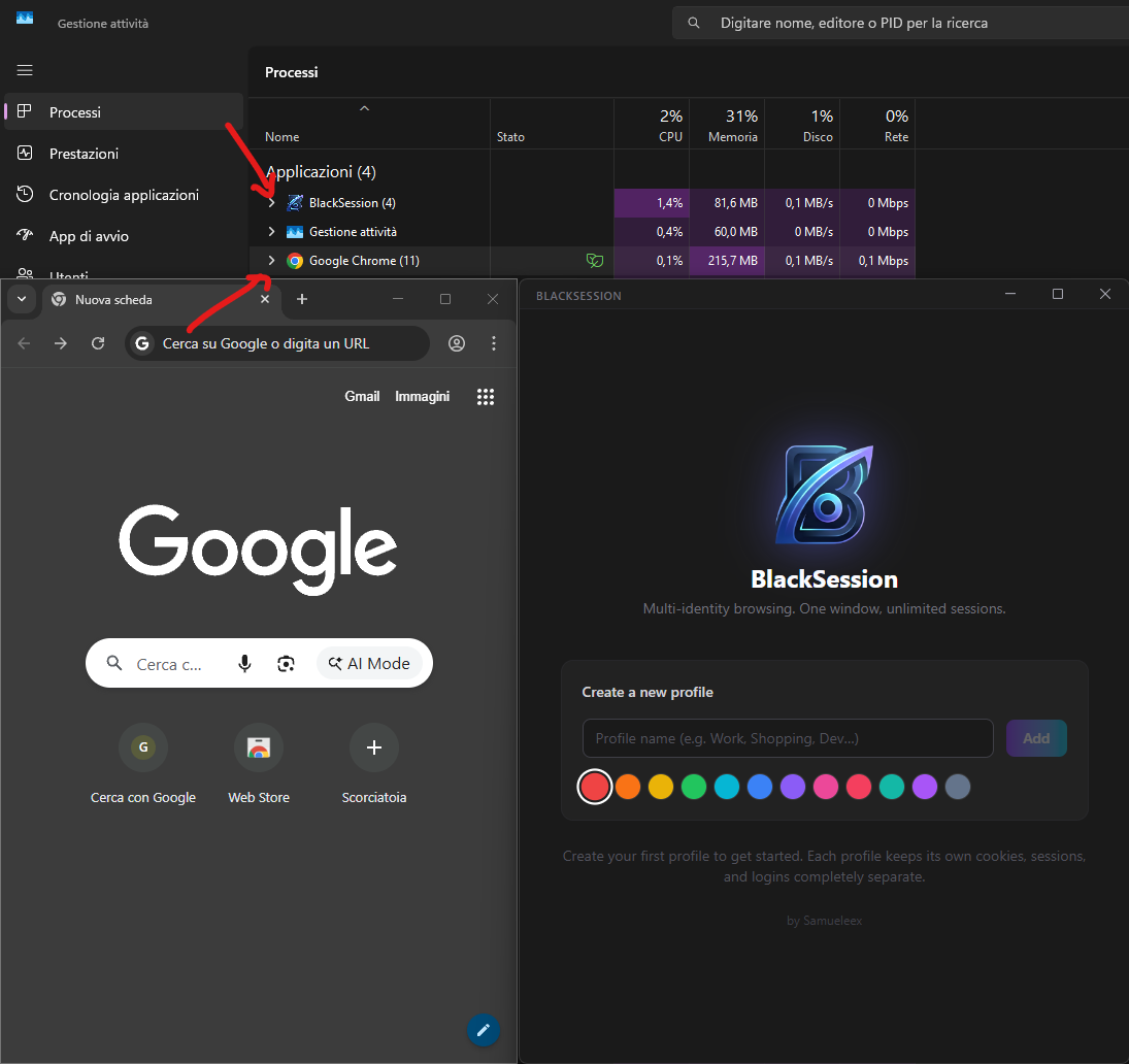 Utilizzo risorse Google Chrome vs Blacksession