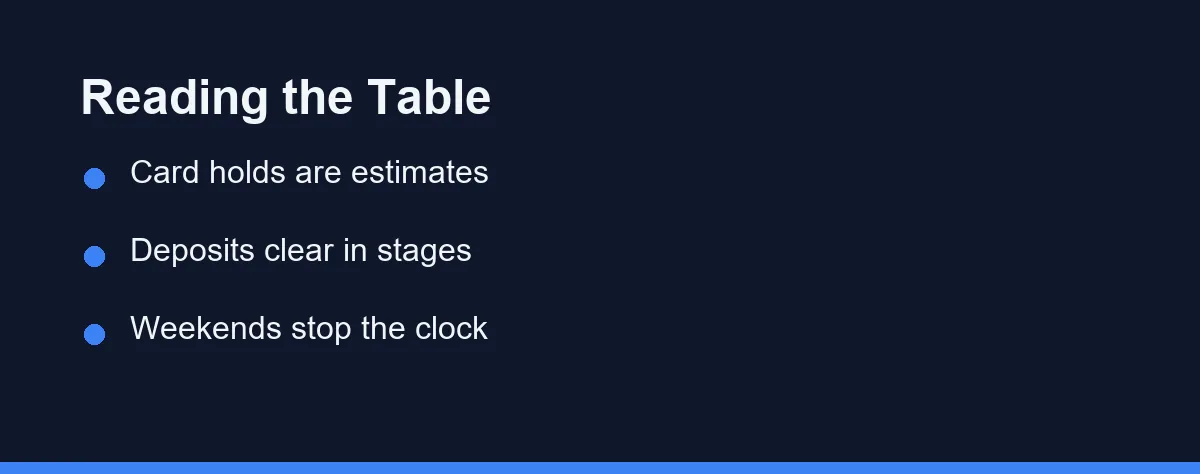 Reading the Table: Card holds are estimates; Deposits clear in stages; Weekends stop the clock