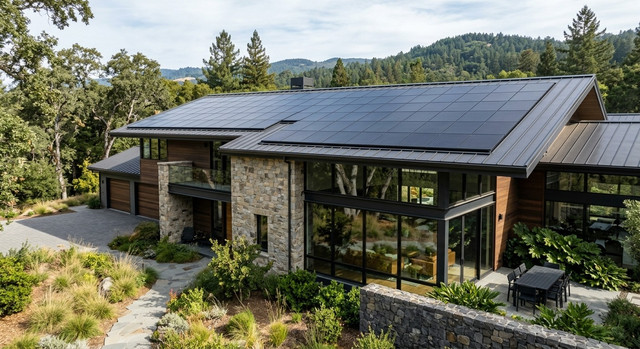 Casa moderna con installazione completata di pannelli solari Aiko Neostar