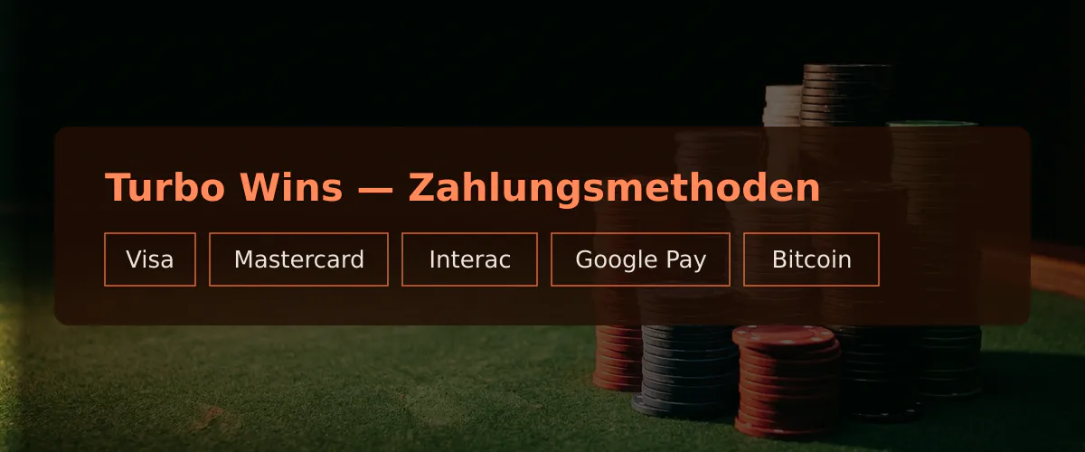 Turbo Wins — Zahlungsmethoden: Visa, Mastercard, Interac, Google Pay, Bitcoin