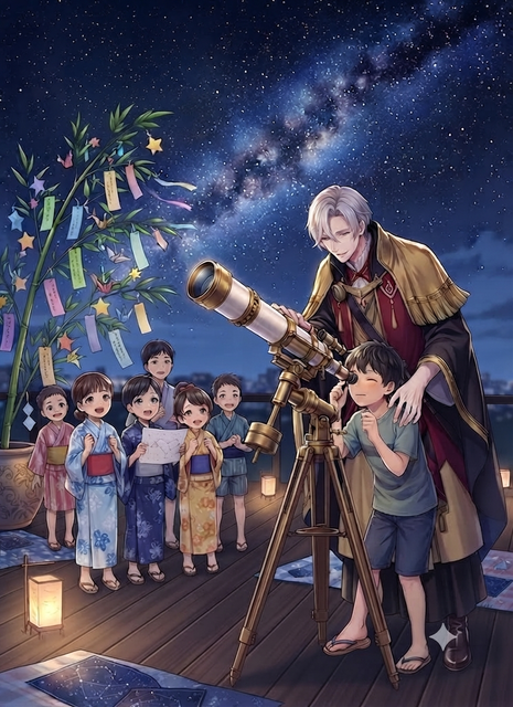 望遠鏡の付喪神と子どもたちの天体観望（七夕祭りにて）.png