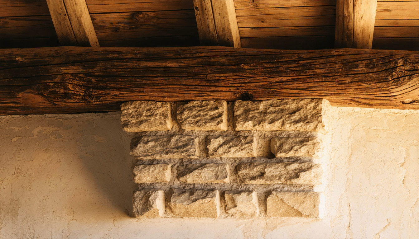 A single weathered wooden beam supporting the corner of an old stone structure, viewed from below in soft directional light.