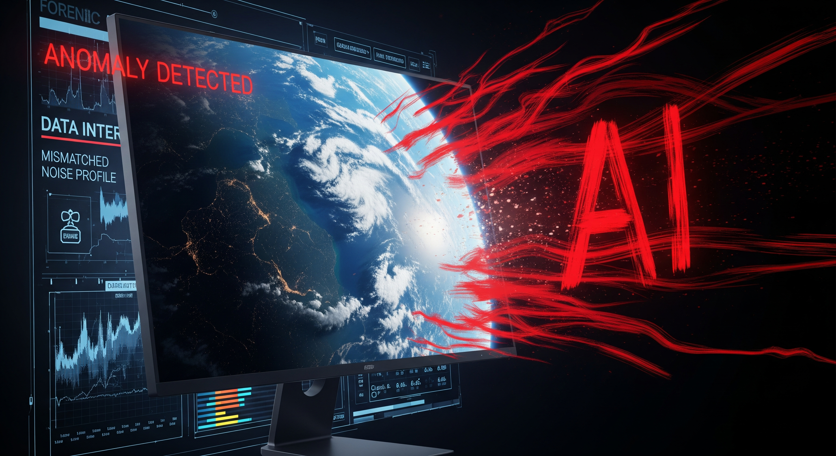 Conceptual image showing AI manipulation of satellite feed with anomaly warnings