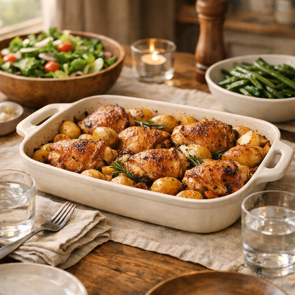 One Pan Chicken Thighs with Potatoes Recipe finished dish