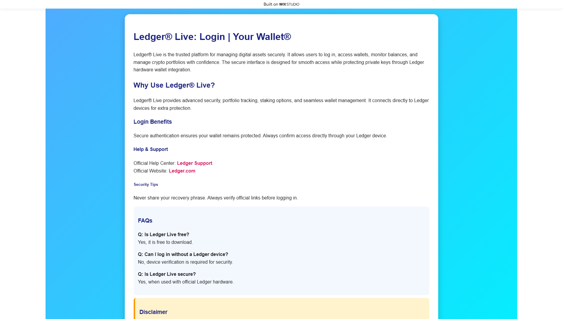 Forensic screenshot of official-ledgrslearn.wixstudio.com showing the phishing page layout