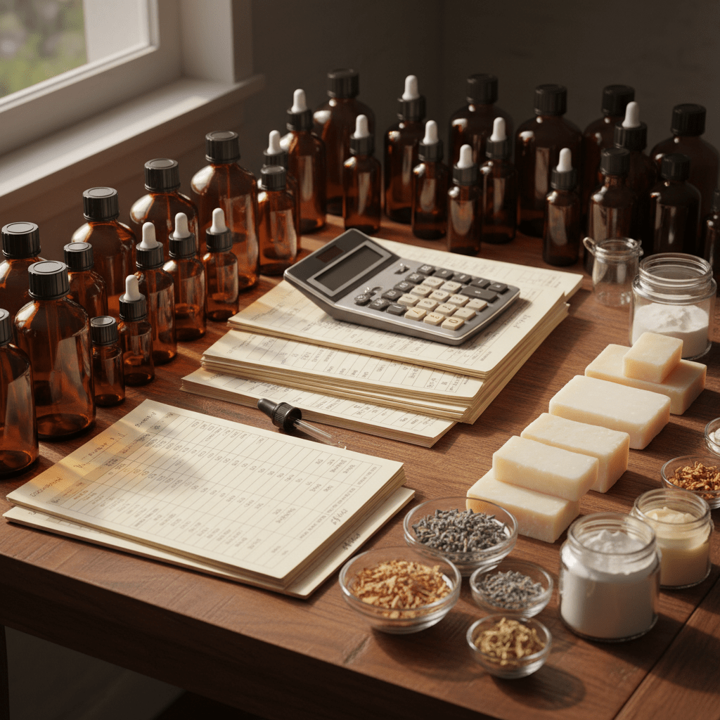 Bulk essential oil pricing comparison with calculator, bottles, and invoices