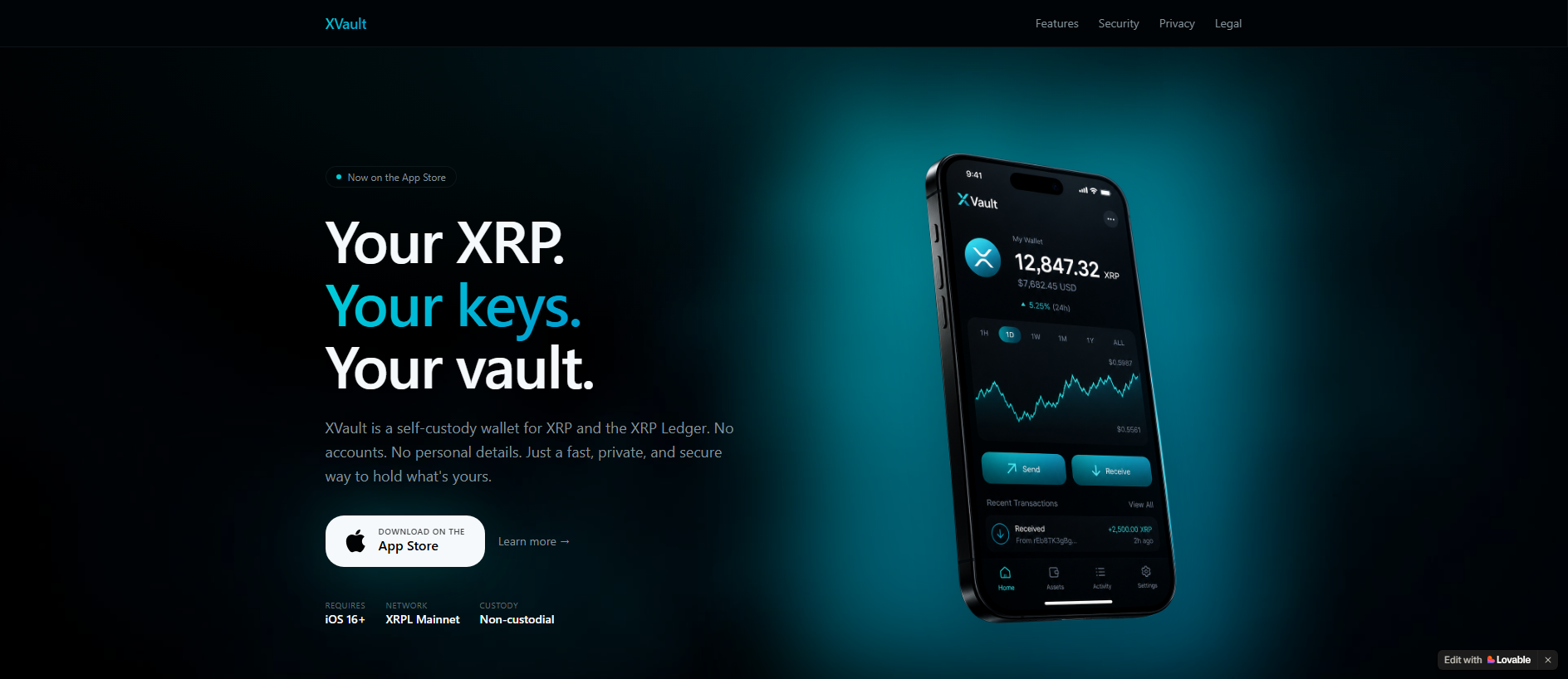 Forensic screenshot of getxrpvault.com showing the phishing page layout
