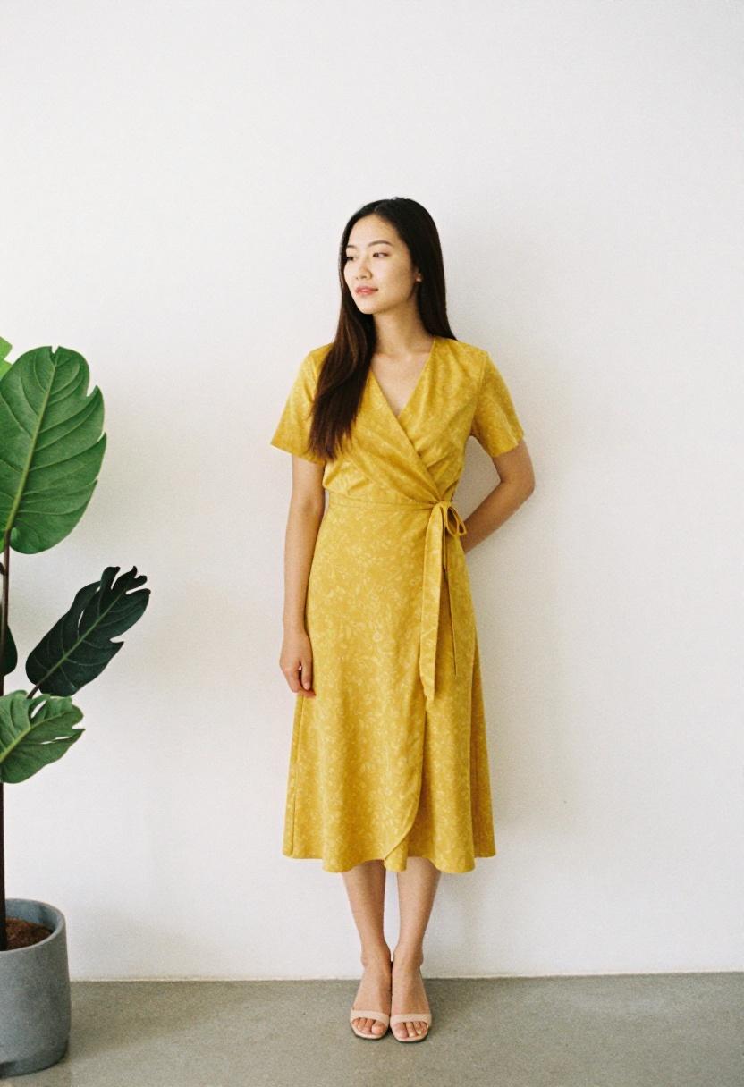 Mustard wrap midi dress with nude mule heels in a bright studio setting
