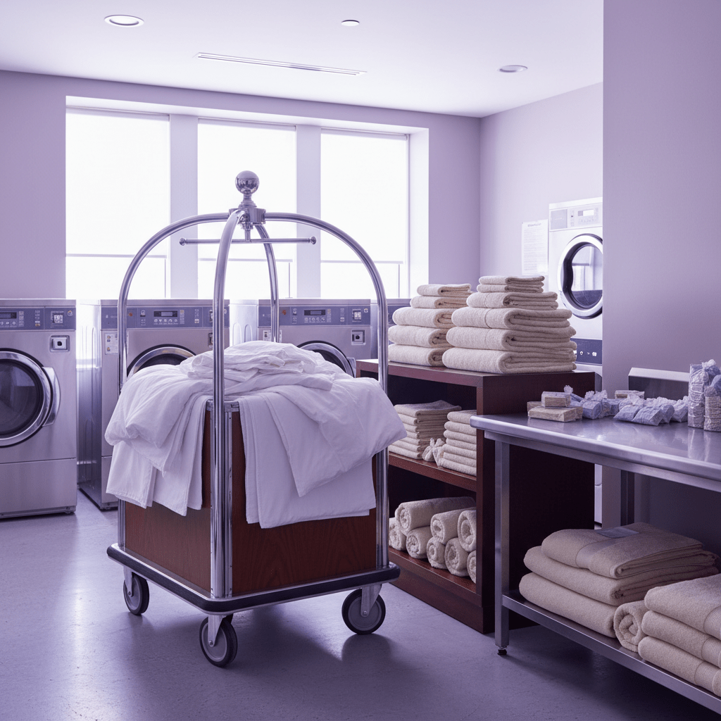 Hotel housekeeping team with fresh linens and laundry cart