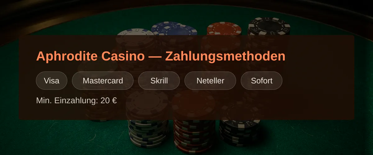 Aphrodite Casino — Zahlungsmethoden: Visa, Mastercard, Skrill, Neteller, Sofort
