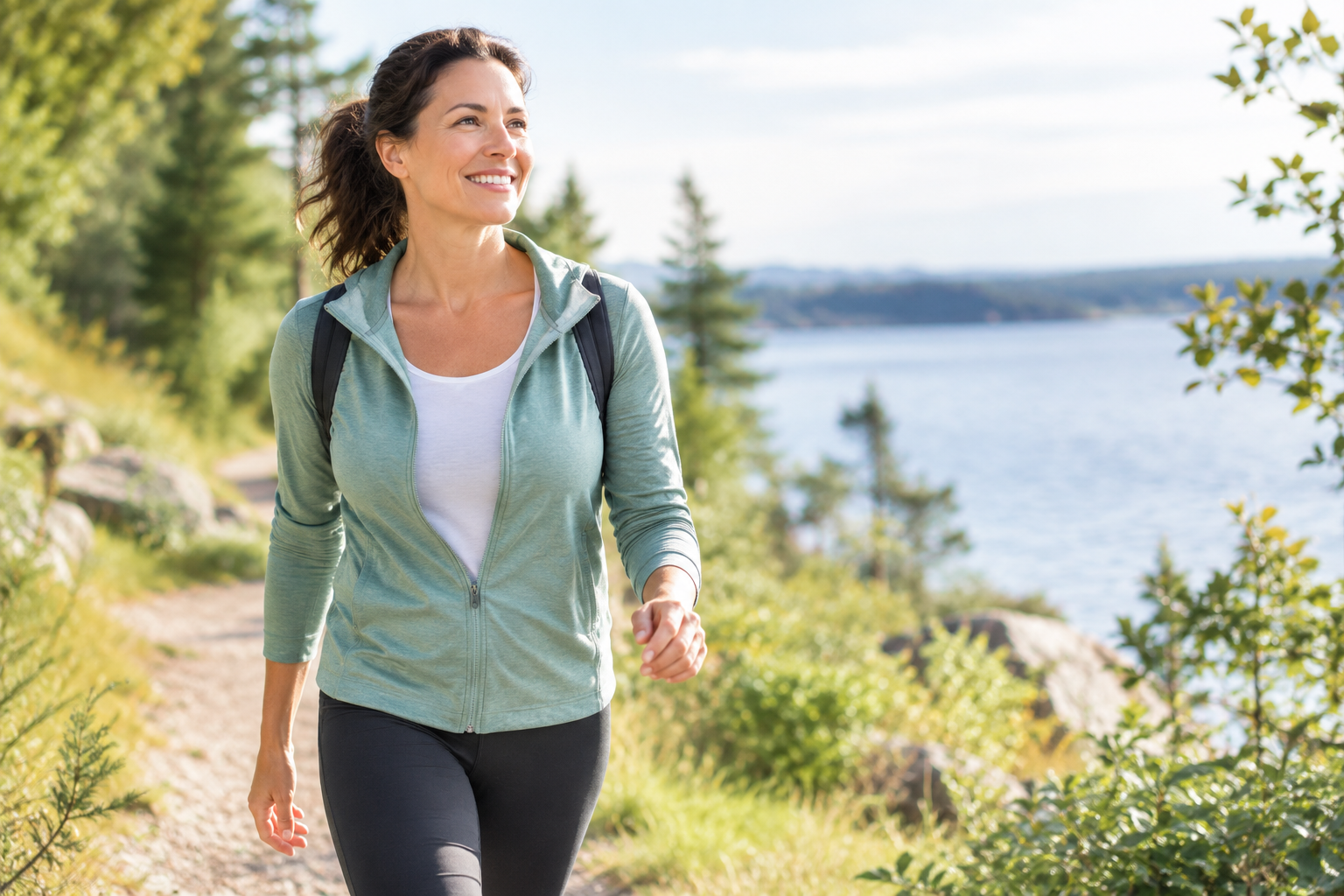 Femme souriante en tenue de sport marche sur un sentier en forêt, symbolisant l'activité physique et le bien-être