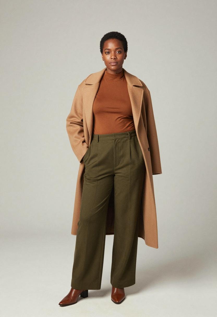Deep olive trousers and camel coat for a polished earth-tone professional statement