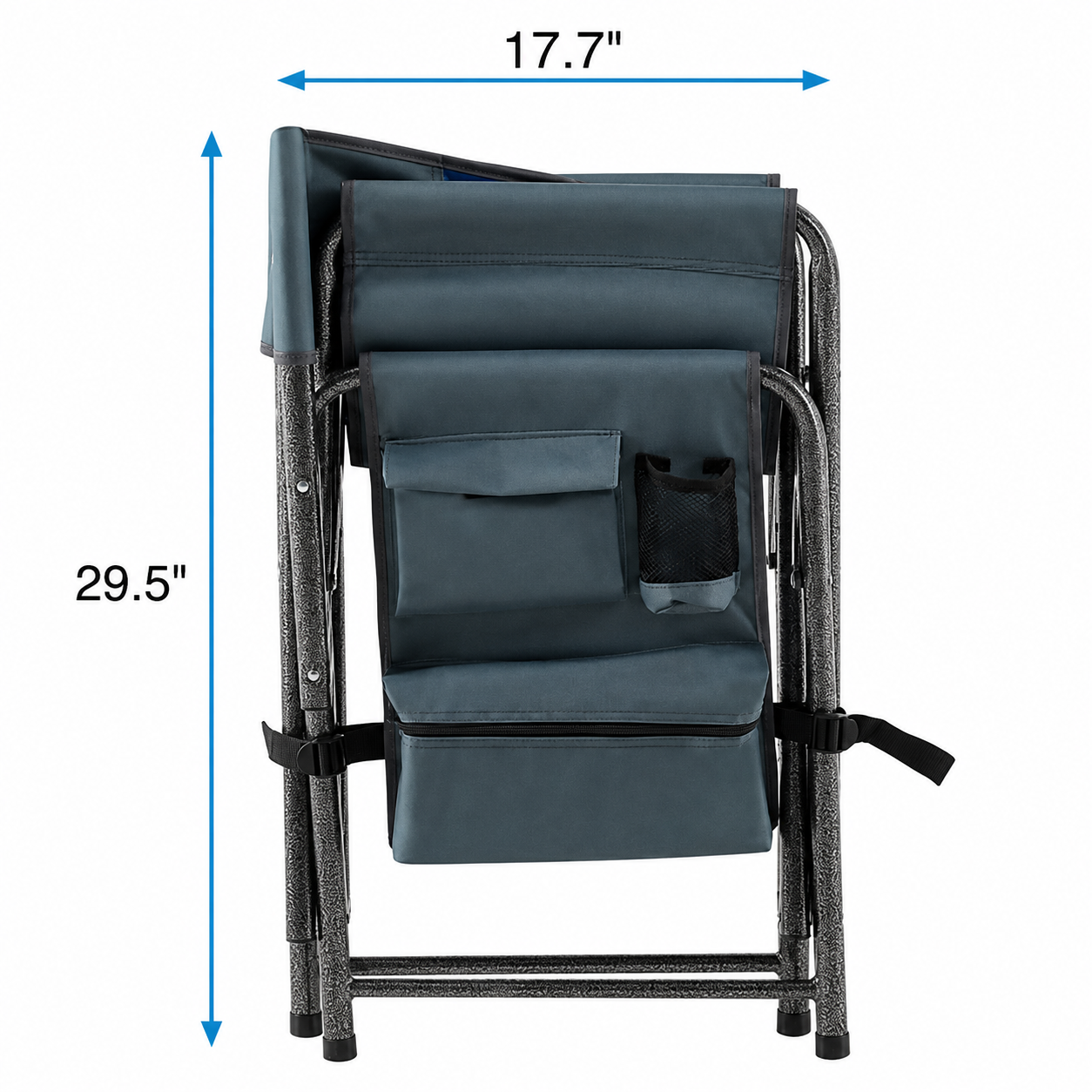 Folded camping chair size diagram showing compact width and height