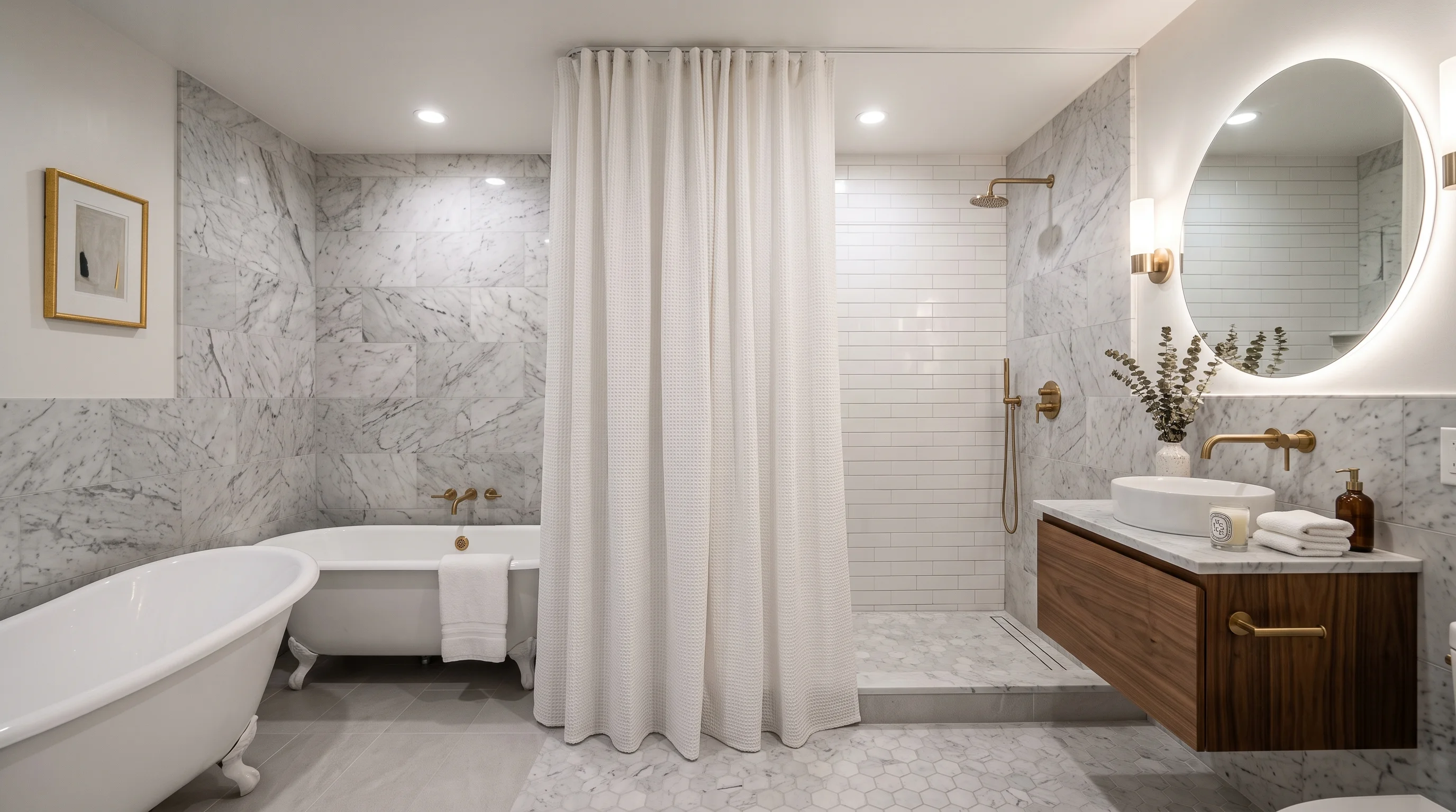 Floor-to-Ceiling Waffle Weave Drape Bathroom