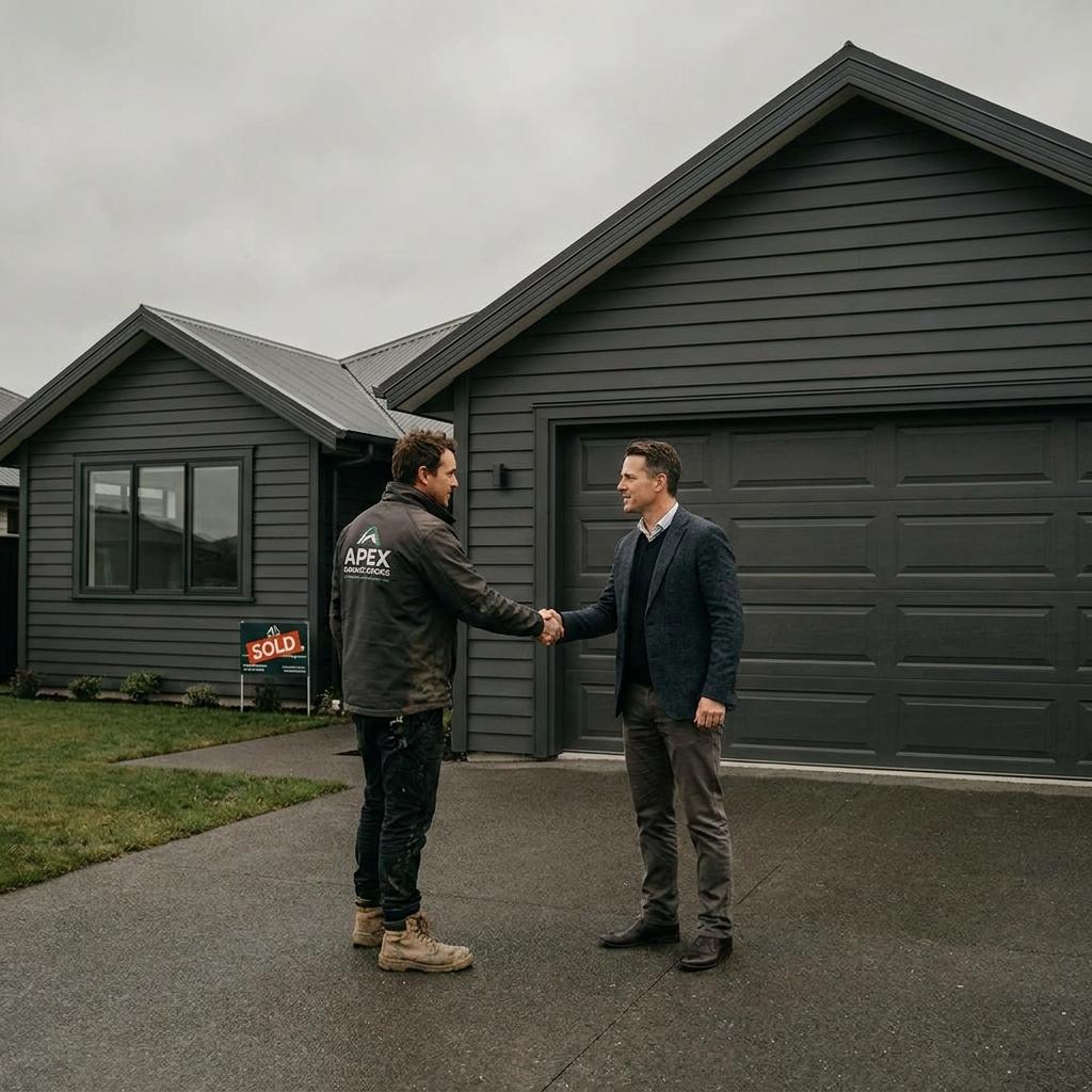 A garage door contractor and a real estate agent shaking hands, signifying a professional partnership.