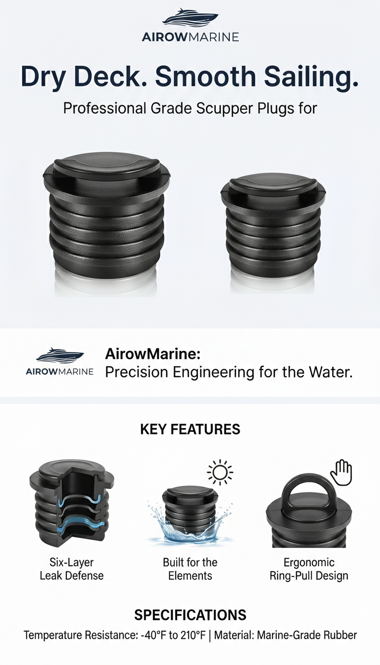 Comprehensive feature infographic for AirowMarine scupper plugs highlighting leak defense, weather resistance, and ergonomic design.