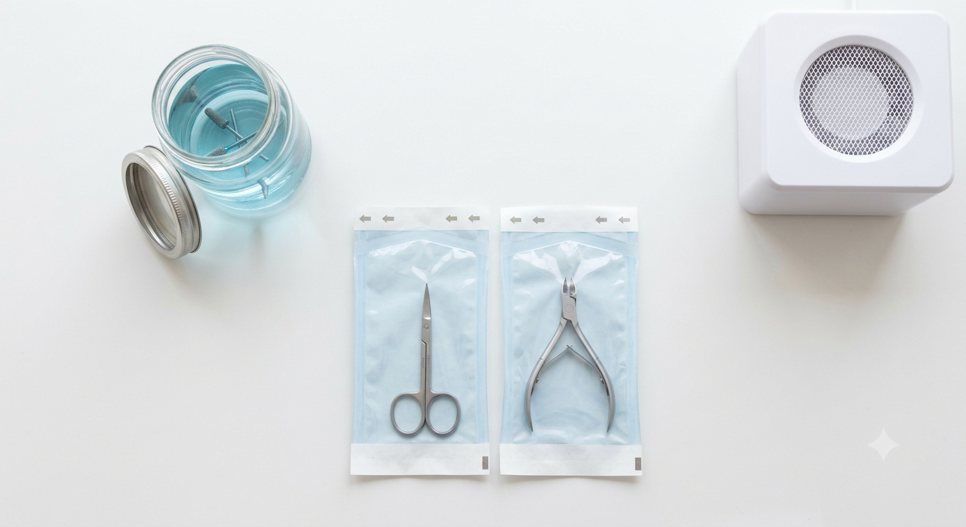 Nail technician's table being disinfected between clients