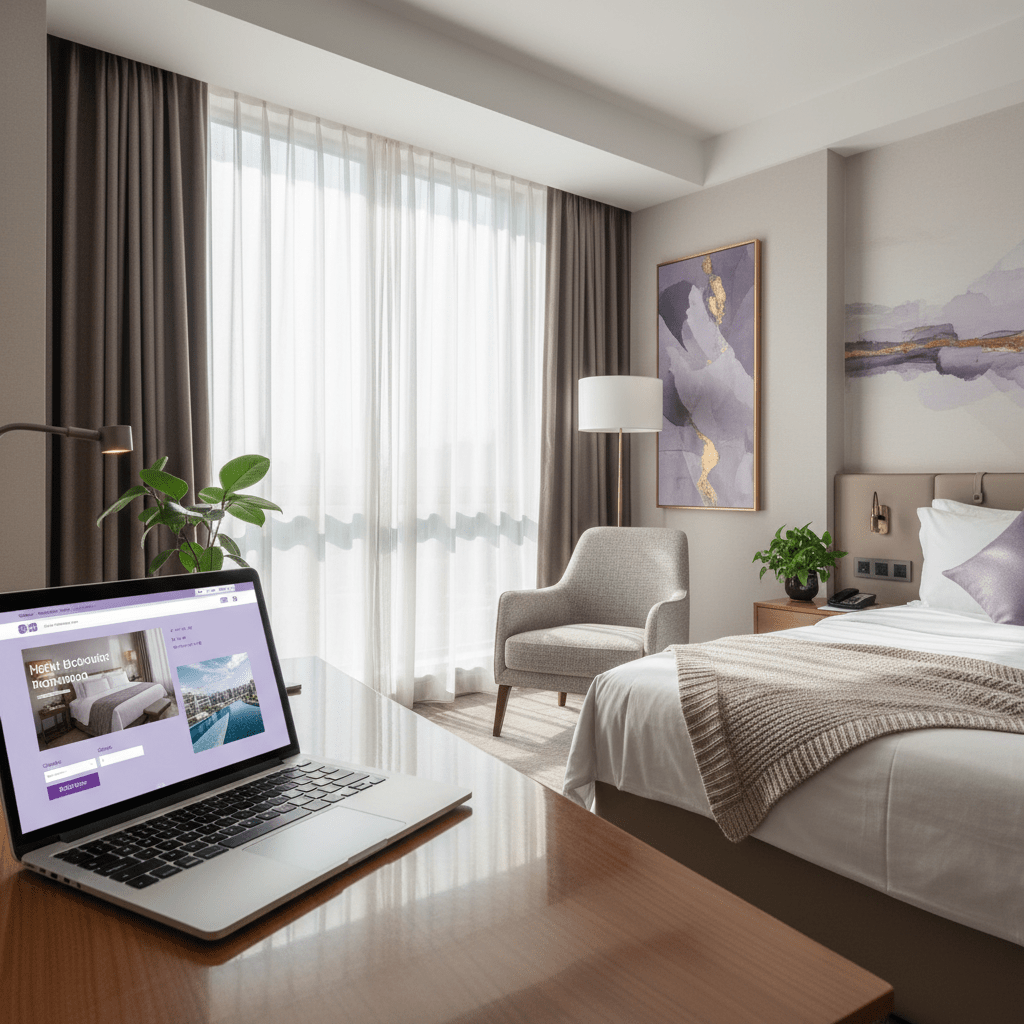 Hotel booking visuals on a laptop next to a bright modern room