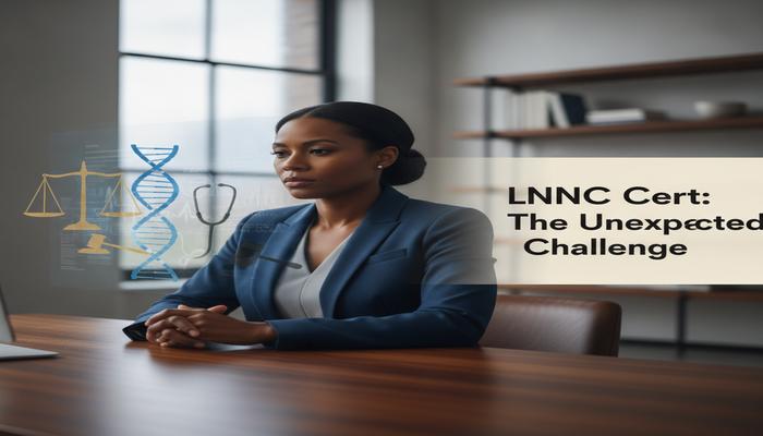 A focused Registered Nurse analyzing intertwined medical and legal documents, symbolizing the challenging interdisciplinary nature of the ALNCCB LNCC certification. The title 'LNCC Cert: The Unexpected Challenge' is prominently displayed.