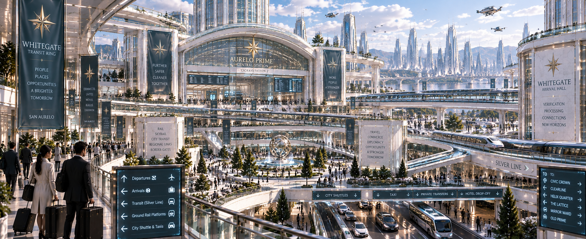 Panoramic view of Whitegate Transit Ring and Aurelo Prime Central Station.