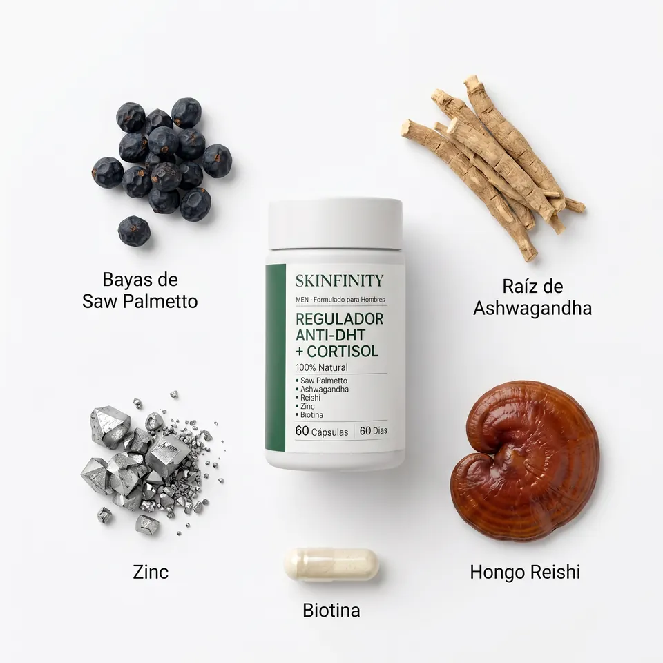 Ingredientes Regulador Anti-DHT + Cortisol Skinfinity: Saw Palmetto, Ashwagandha, Reishi, Zinc, Biotina