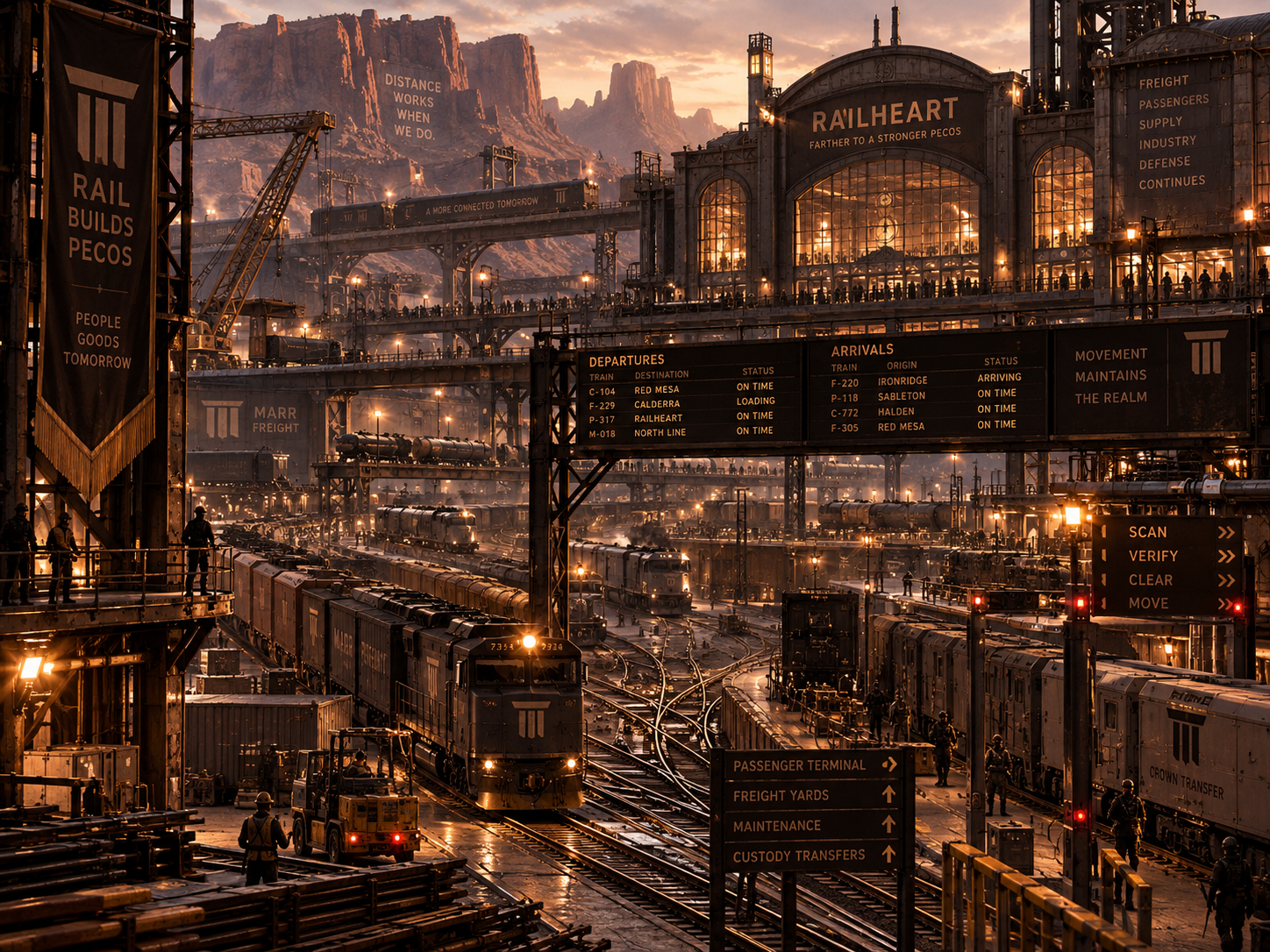 Railheart rail network with passenger platforms, freight yards, armored locomotives, cranes, switching tracks, corporate spurs, custody cars and maintenance infrastructure