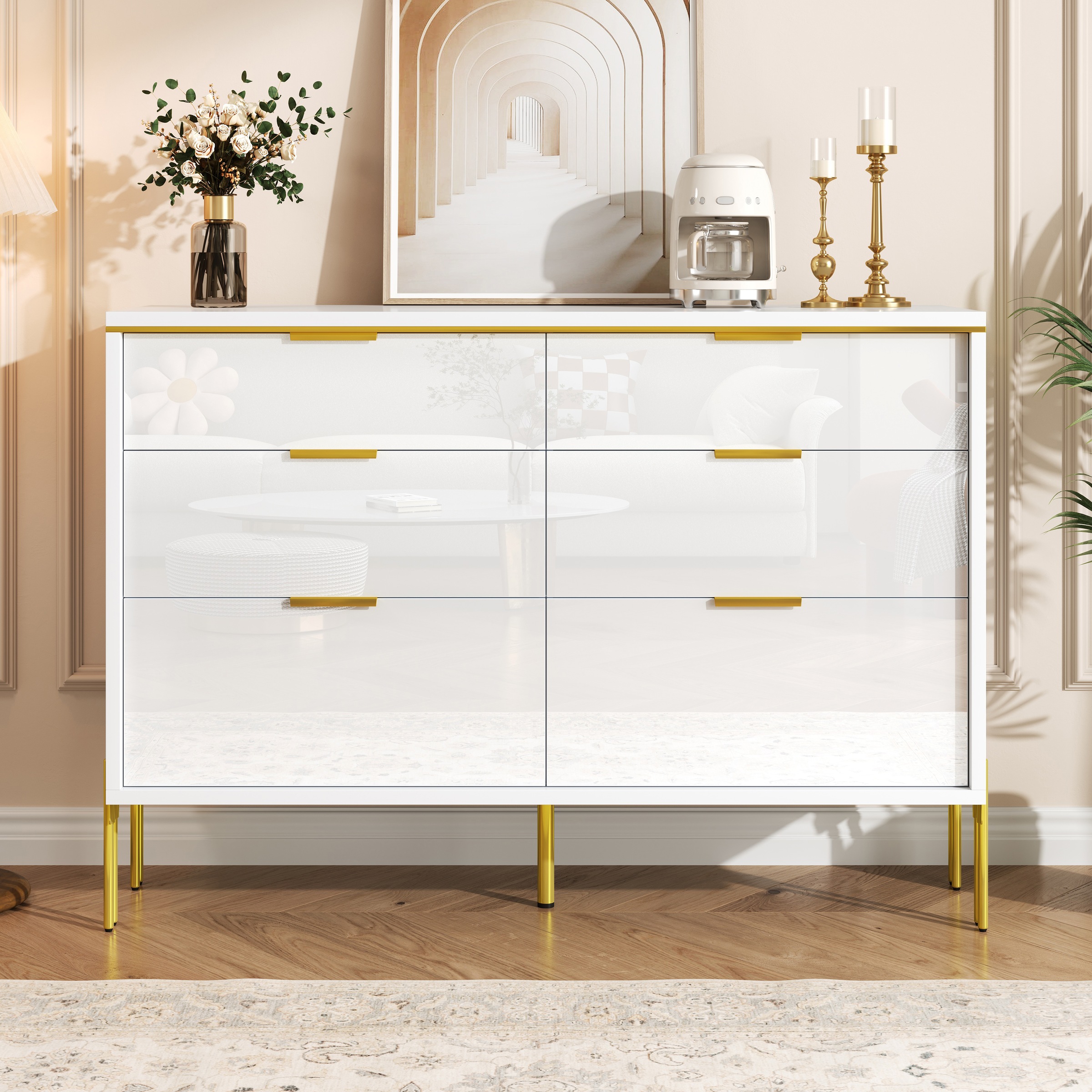 Buffet Blanc, 6 Tiroirs, Rangement, Design Moderne, Structure Robuste - Panneaux de Particules - 120x40x85.5cm 6