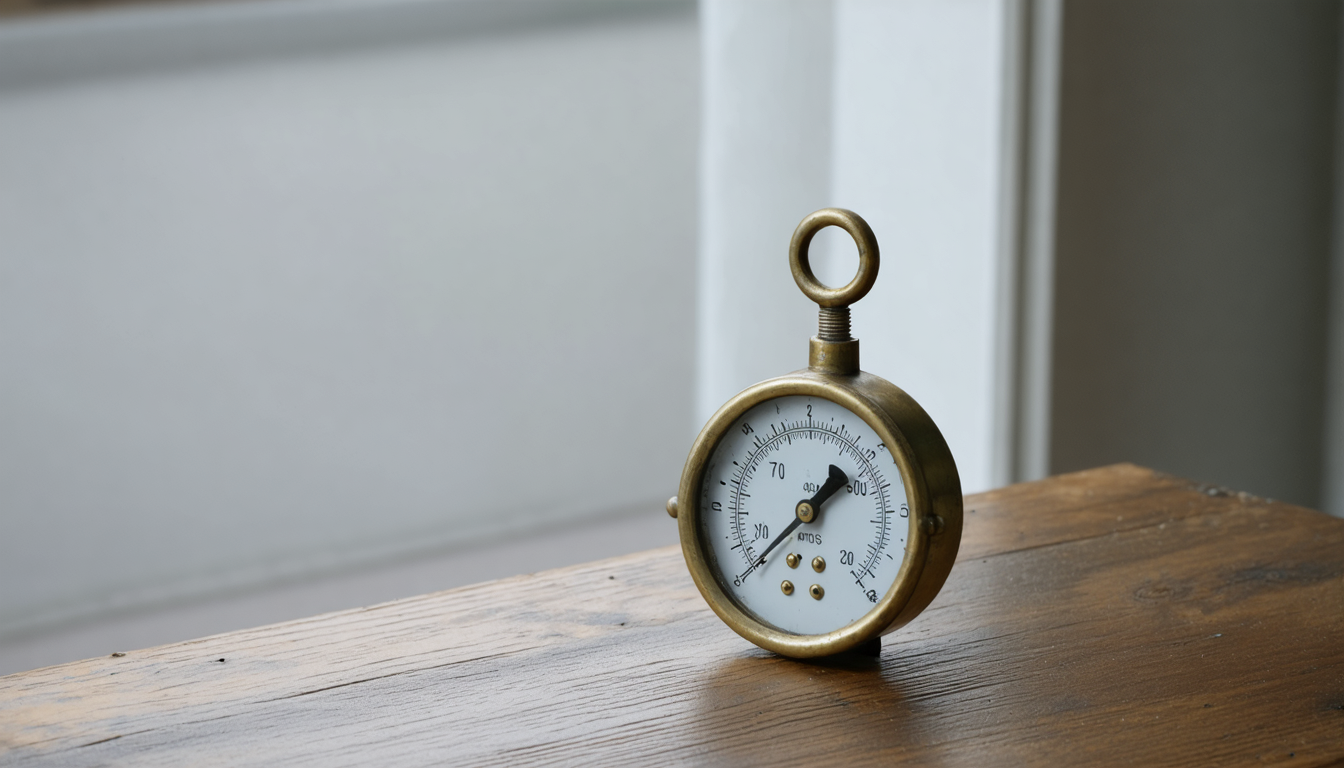 A brass measuring instrument resting on a wooden table, its needle still, a window of gray light behind it.