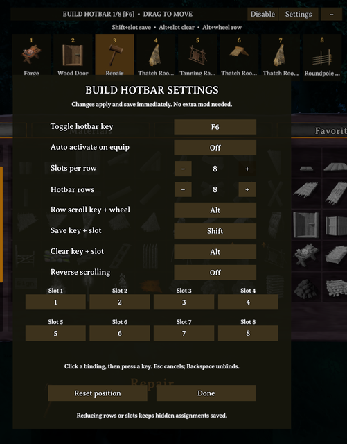 Built-in settings with configurable activation, rows and keyboard bindings